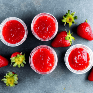 Jars filled with strawberry jam and suurounded by fresh strawberries