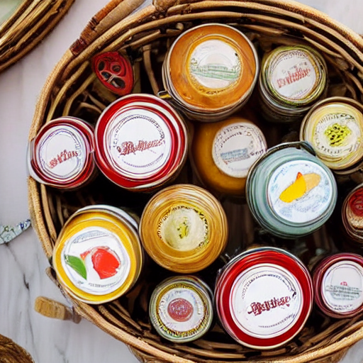 Picture of the colourful labelled tops of preserve jars in a basket