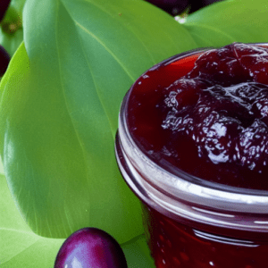 jar of plum jam with a fresh plm and green leaves in background