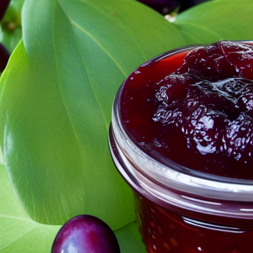 jar of plum jam with a fresh plm and green leaves in background