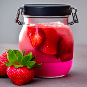 Glass jar of cut strawberries in brine with fresh strawberries leaning against jar