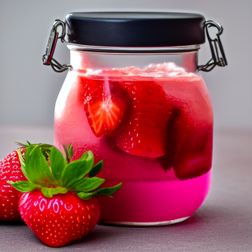 Glass jar of cut strawberries in brine with fresh strawberries leaning against jar