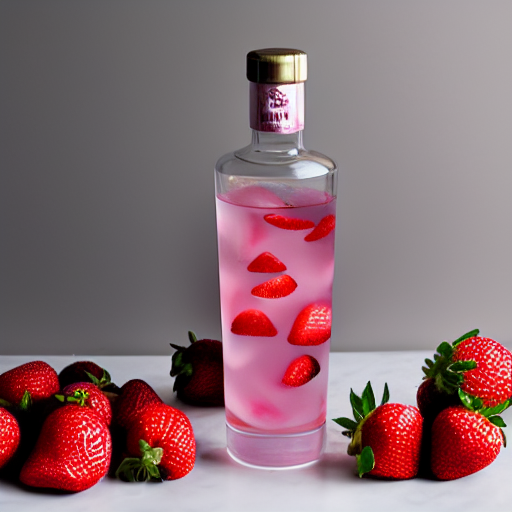 A bottle of strawberry infused vodka with fresh strawberrieson the table around the bottle.