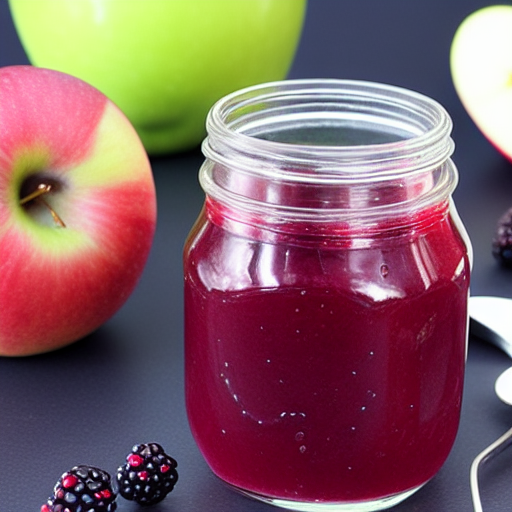 A jar of jam with fresh apples and blackberries around it