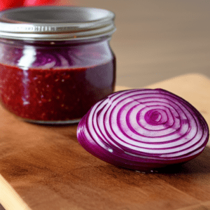 Jar of Red onion chutney with sliced red onion in the foreground.