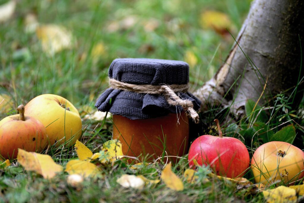 Jar of apple chutney sitting amongst windfall apples under apple tree