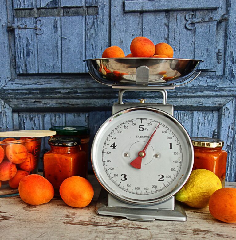 Spring balance kitchen scale weighing colourful citrus fruits