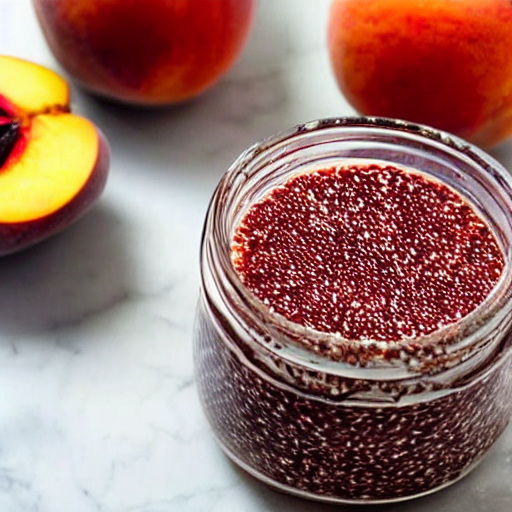 Open jar of peach chia seed jam wtih fresh peaches alongside