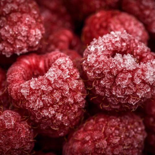 Close up of frozen raspberries