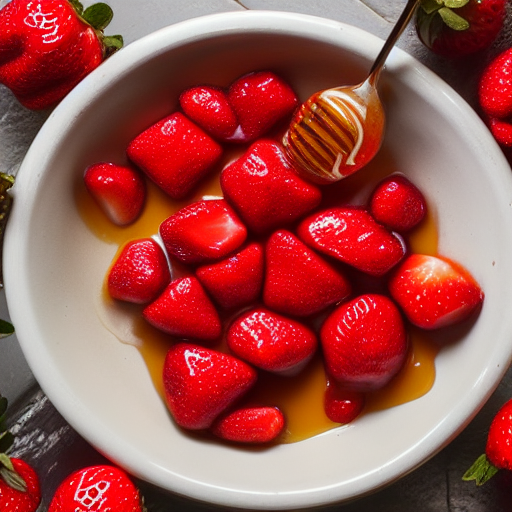 White bowl with whole hulled strawberries with honey drizzeled over and pooling around the fruit. Wooden honey spooon on side of bowl. Bowl surrounded by a few loose strawberries on wooden table.