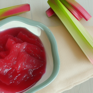 A teal blue edged bowl filled with rhubarb compotes on a white board; with raw rhubarb stalks above and on the right side