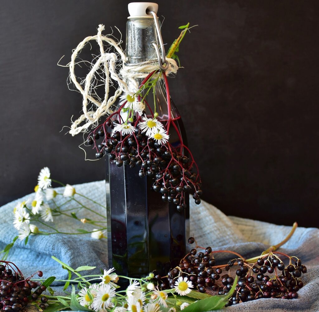 A bottle of elderberry cordial with a bunch of elderberries tied around its neck with white string. The bottle is standing on a white clith which is scattered with small bunches of elderberries and white daisies.