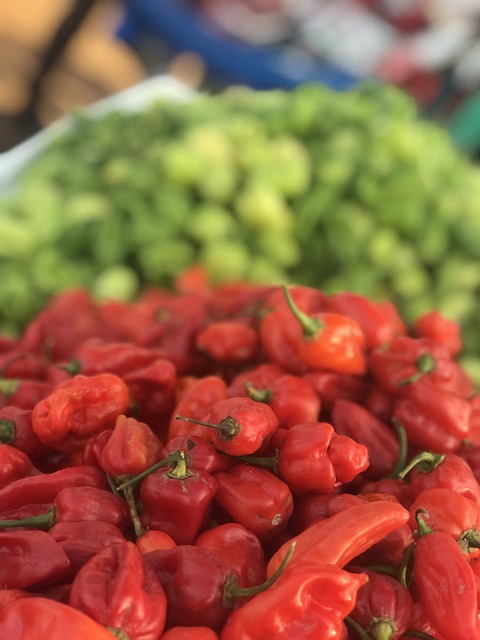 Red scotch bonnet peppers.