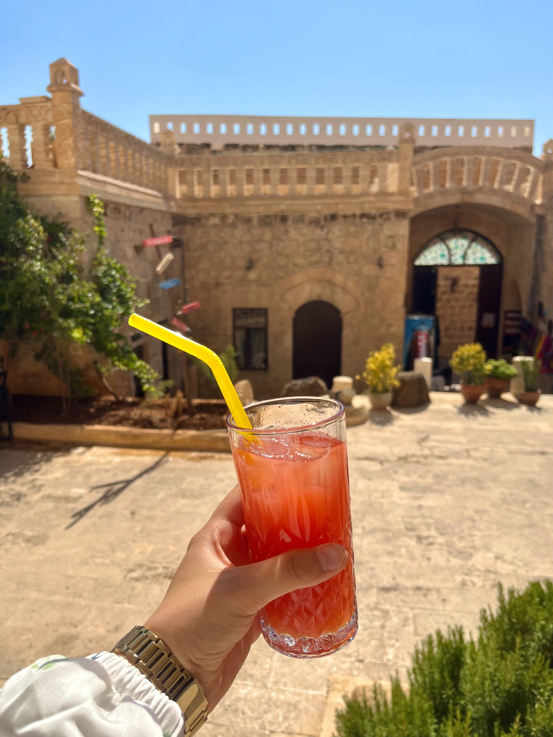 Background is a stone villa in the sun. Foreground is a hand holding a refreshing rosehip cordial mixed drink in a tall glass with a yellow straw pointing to the left.