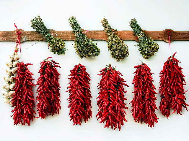 Dried herbs and chillies