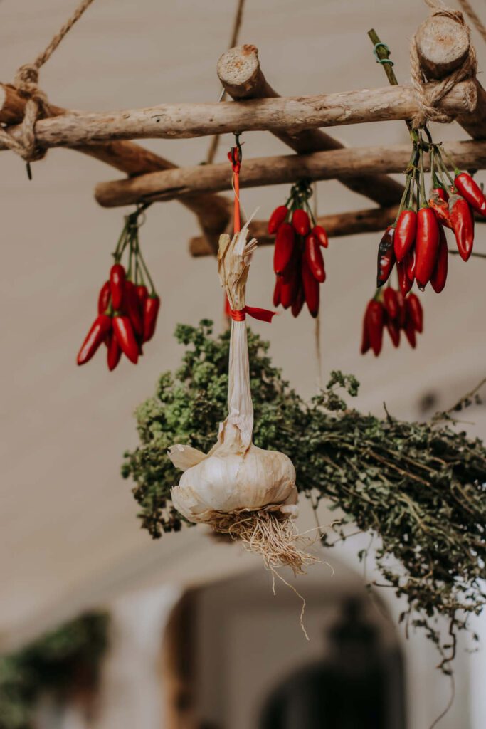 Chillies, herbs and garlic hung up to dry