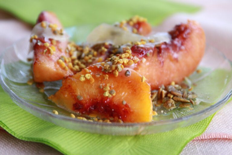 Peaches in Brandy Syrup served up as a dessert crumble.