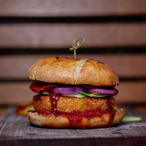 Burger dripping with bloody mary ketchup