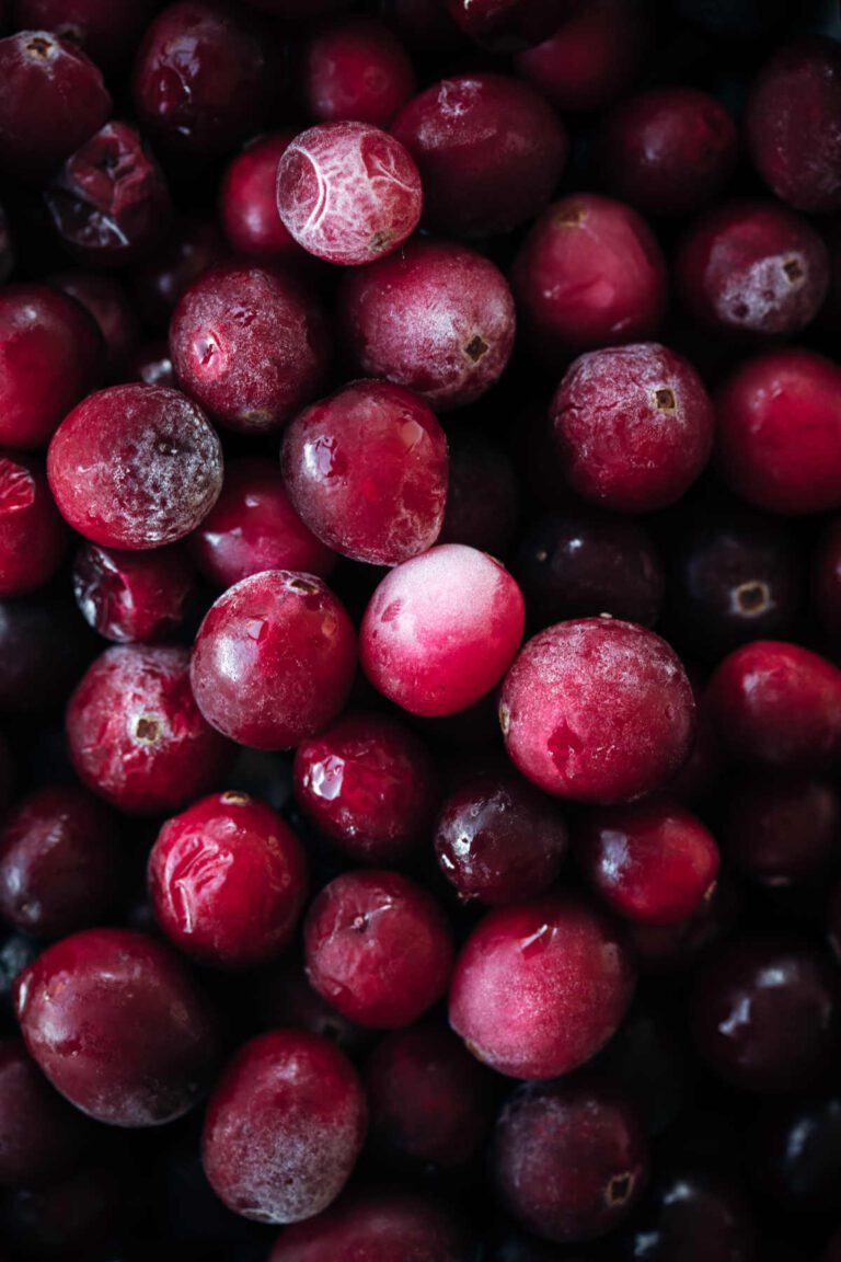 Close up image of frozen red berries