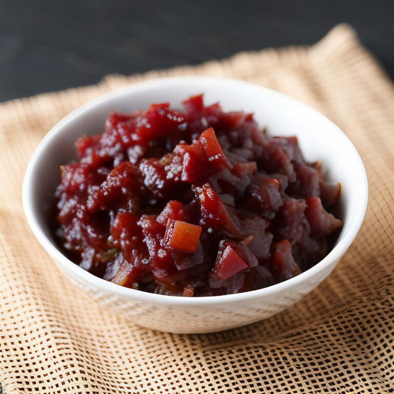 A white bowl filled with red onion chutney, sitting on a woven placemat.