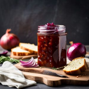 An opened jar of red onion chutney on a wooden board with slices of bread and a couple of whole red onions.