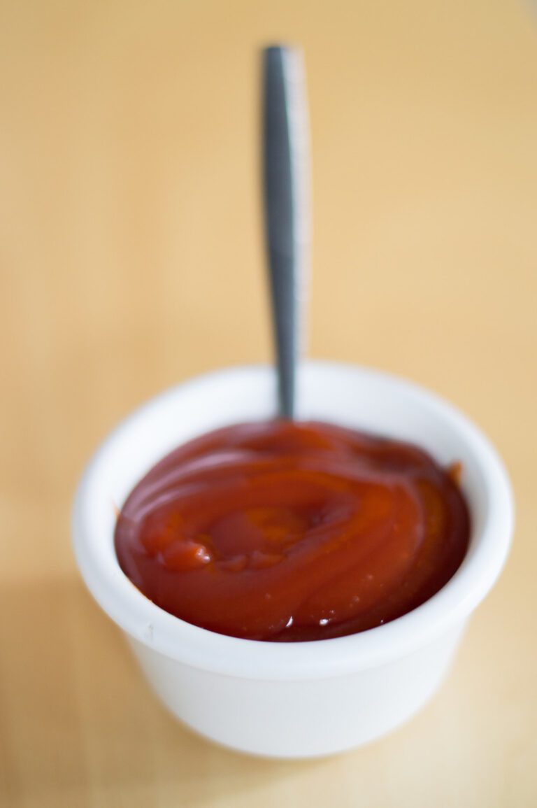 A white bowl of tomato ketchup with a spoon to the side