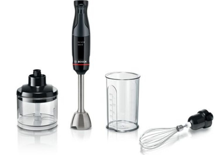 A Bosch immersion blender with accessories including chopping bowl, whisk and jug.