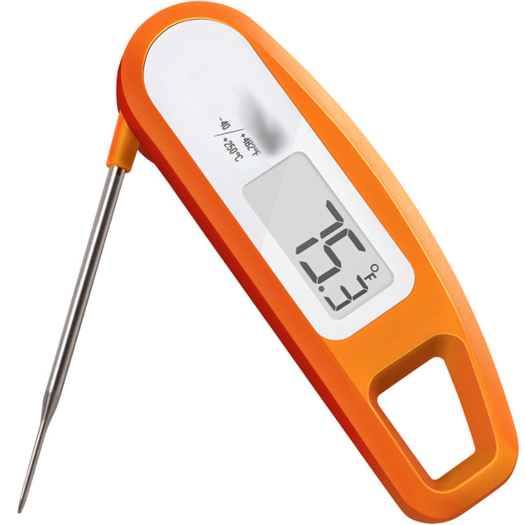 Orange javelin style food thermometer, with digital reading.